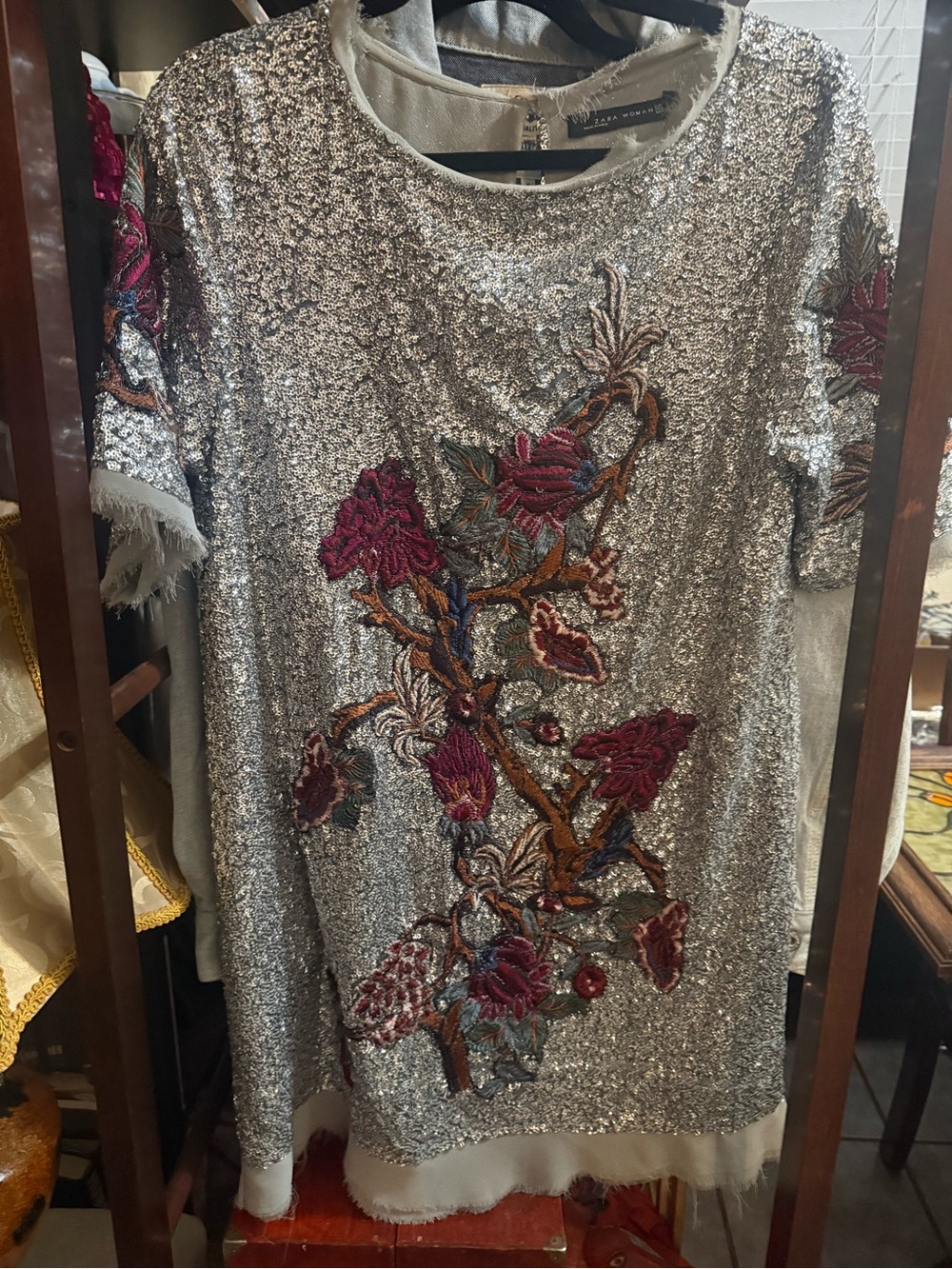 RARE ZARA Silver Sequin Floral Embroidered Mini Dress ASO Alexis Rose - Picture 2 of 7